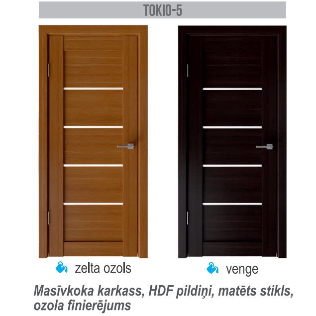 Tokio 5 60x200 cm (ar kārbu 66x203.5) stiklotas ar gaišu matētu stiklu, finierētas (zelta ozols)